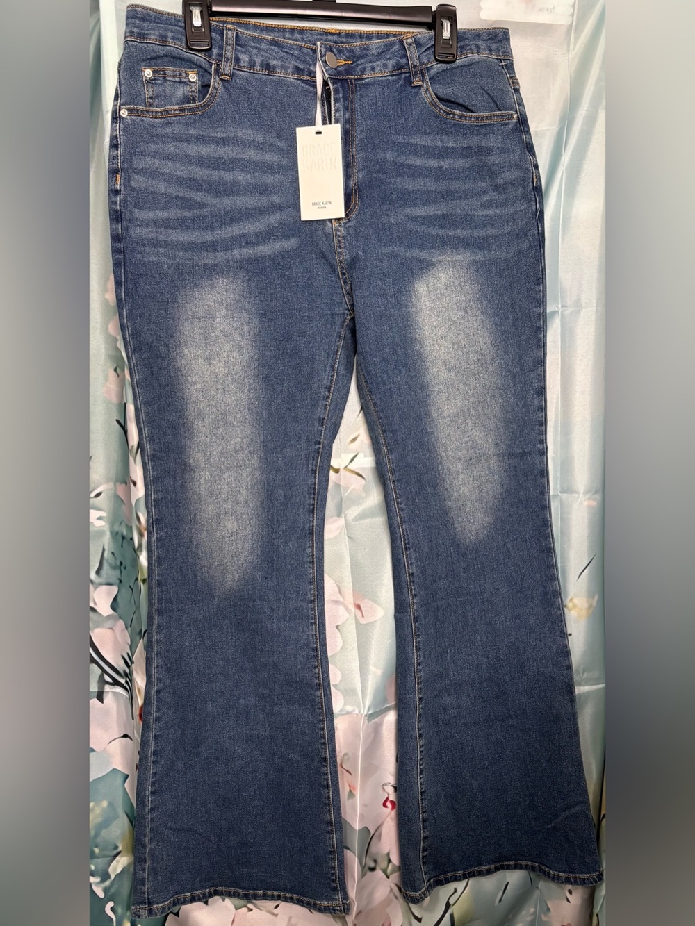 NWT Grace Karin High Rise Faded Wide Leg Flare Bell Bottom Jeans Women’s XL
